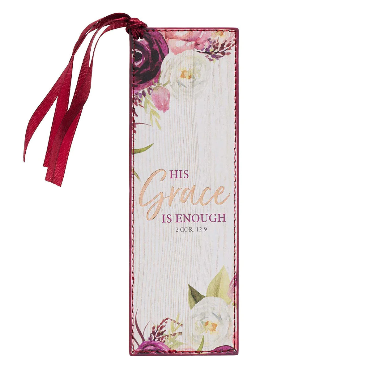 His Grace Is Enough - Plum Floral Faux Leather Bookmark
