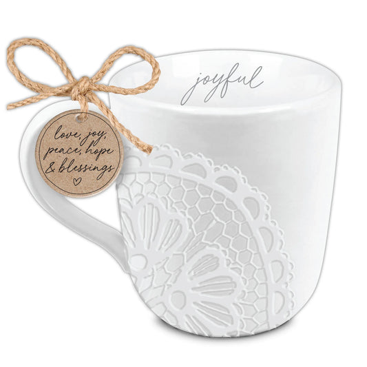 Joyful - Textured Lace White Ceramic Mug