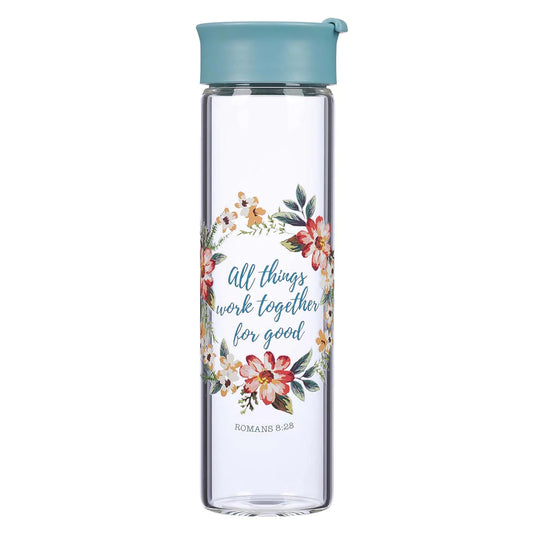 All Things Romans 8:28 - Teal Glass Water Bottle