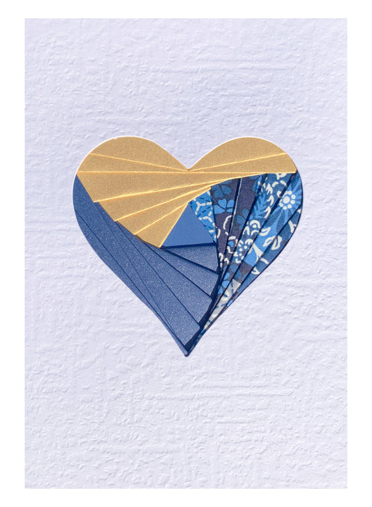 Handmade Heart Iris Fold Card - Blue/Gold Themed