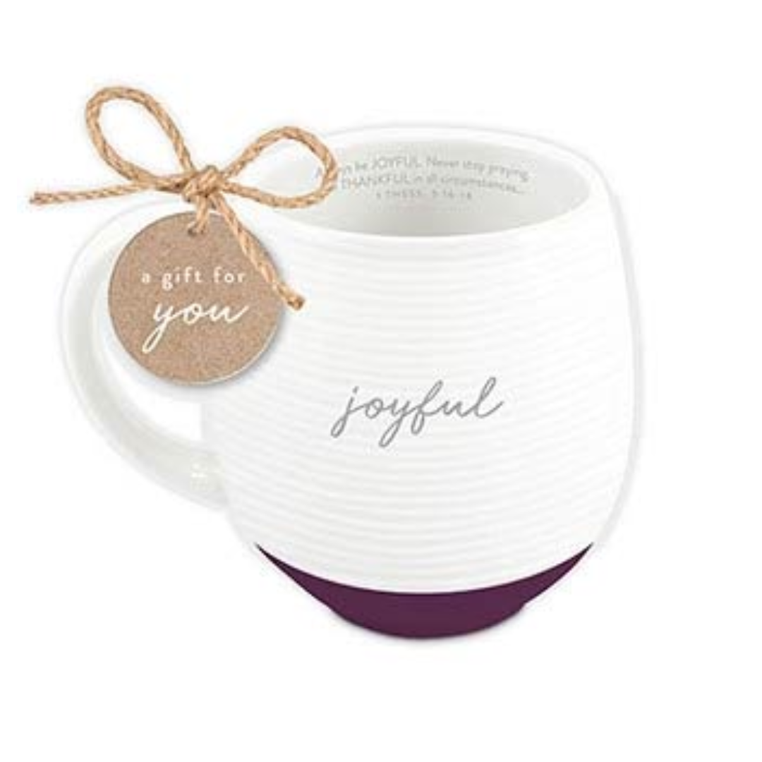 Ribbed Ceramic White Mug - Joyful