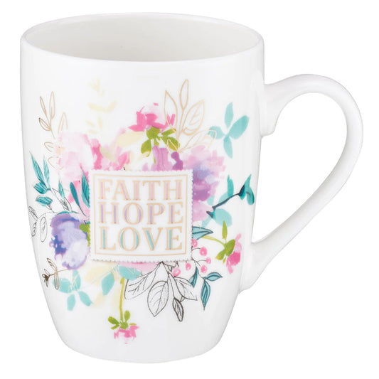 Faith Hope Love - White Floral Ceramic Mug